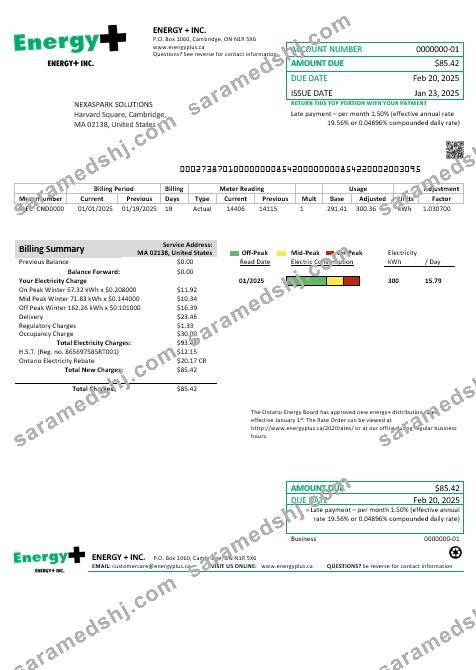 USA Massachusetts Energy Plus electricity business utility bill template in Word and PDF formats